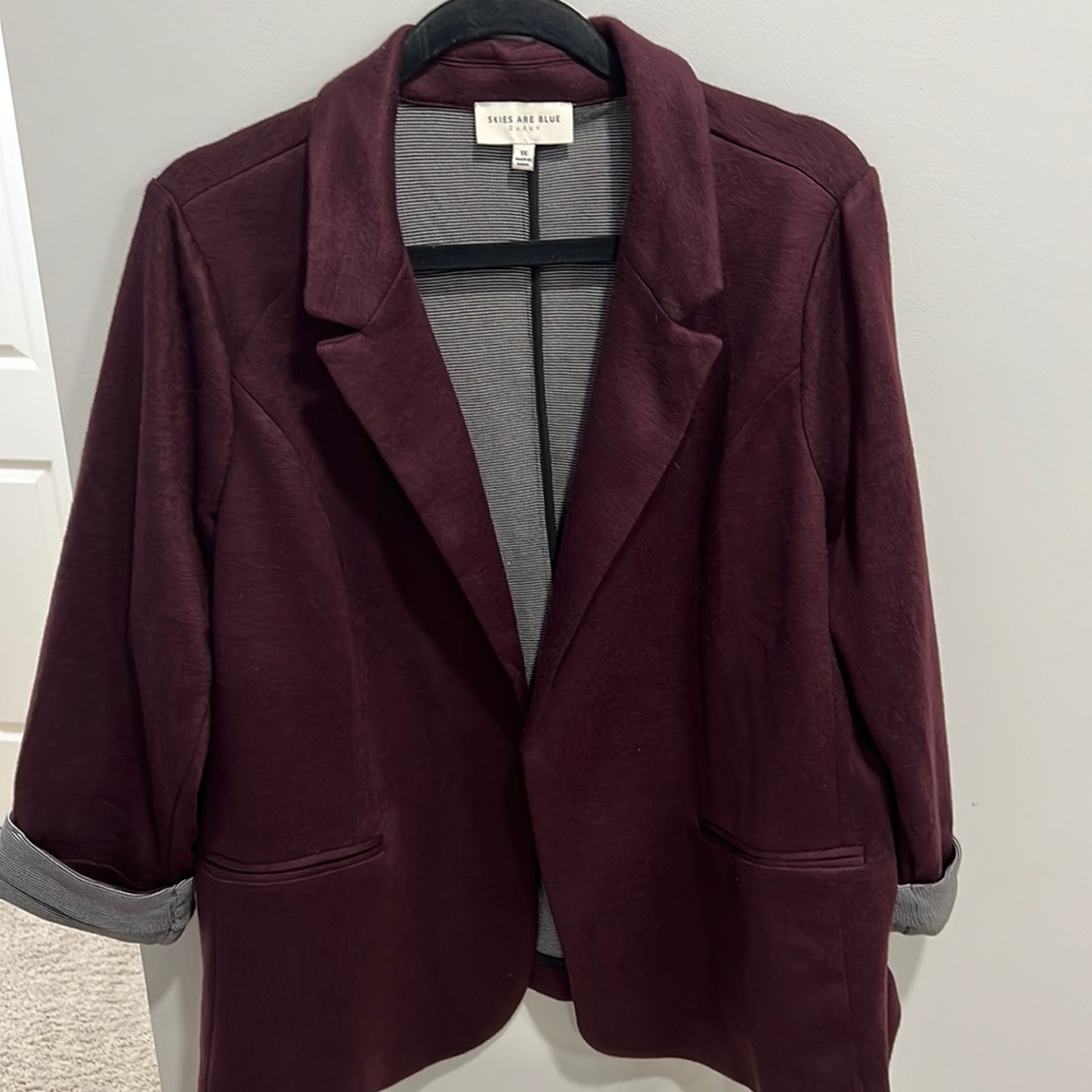 Womens 1X Burgundy Knit Blazer with 3/4 sleeves